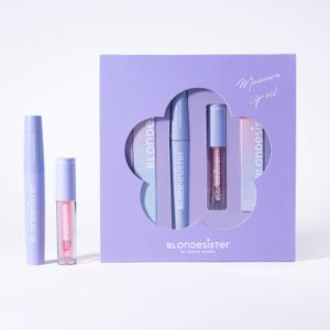 BLONDESISTER „Mini Box Essential“ rinkinys su kosmetine, juodu tušu ir bespalviu lūpų aliejumi